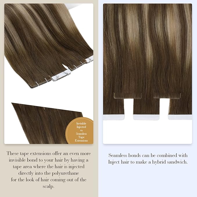Full Shine Virgin Tape in Hair Extensions 5Pcs 14 Inch Injection Tape in Extensions Human Hair Color 4 Medium Brown Fading to 27 Honey Blonde And Brown Seamless Tapes in Human Hair for Women 10 Gram