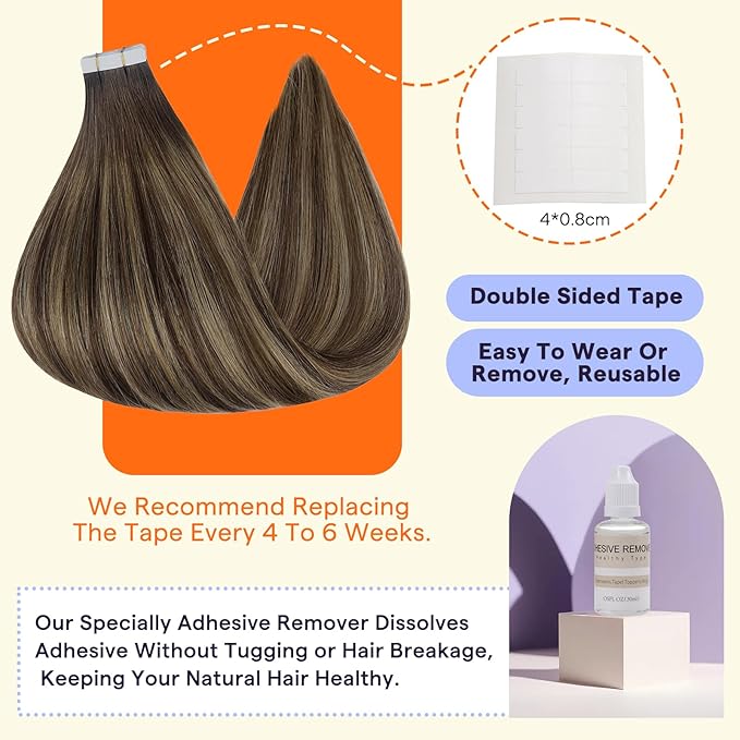 Full Shine Tape in Hair Extensions Real Human Hair 18 Inch Tape Ins Human Hair Extensions Balayage Color 4 Fading to 24 Caramel Blonde and 4 Medium Brown 50 Grams Extensions for Women Real Hair 20 PCS