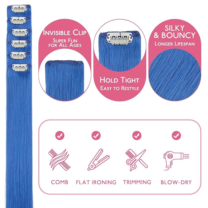 WENNALIFE Blue Clip in Hair Extensions Real Human Hair 35g 6pcs 18 Inch Colored Hair Extensions for Kids Women Colorful Hair Pieces Pop-up Style Straight Extensiones De Cabello Humano Con Clip