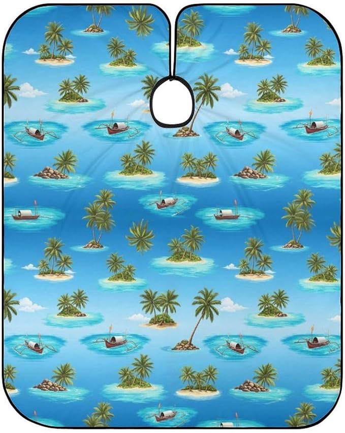 Full Coverage Hair Cutting Cape, Hairdressing Apron Palm Tree Boat Beach Ocean Sea Hawaiian Tropical Hair Cutting Gown for Makeup Artist Beautician