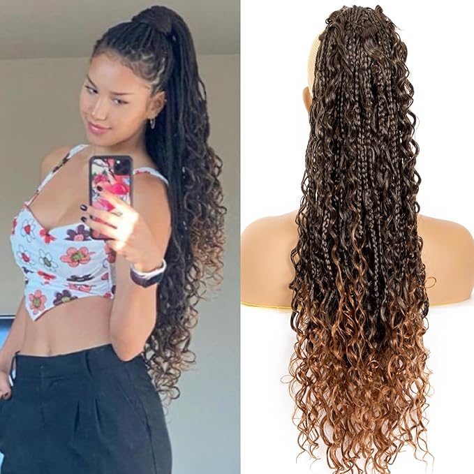 Drawstring Ponytail for Women 24 inch Boho Braids with Long Wavy Hair Ponytail Extension Clip in Synthetic Hair Extensions Ponytail for Daily Use (T1B/30#, 24 Inch)