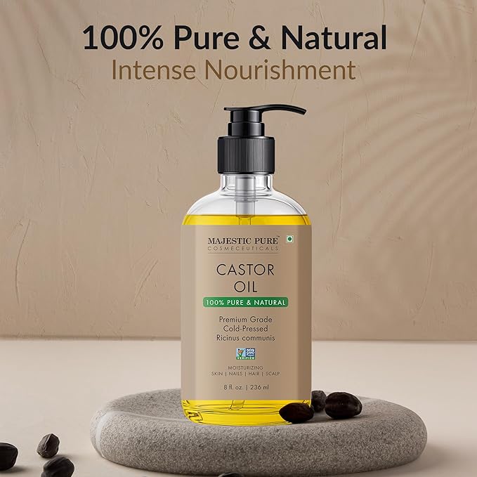 Majestic Pure Castor Oil with Glass Bottle - 100% Pure & Natural - Premium Grade, Cold Pressed, Hexane Free - Hair, Eyelashes, Eyebrows, Nails - Moisturizing & Nourishing - 8 Fl Oz