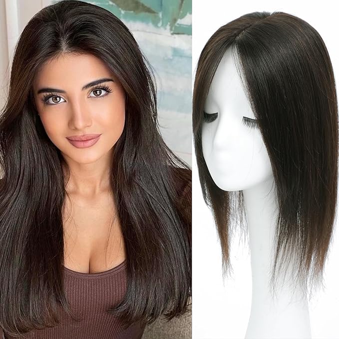 Hair Toppers for Women Real Human Hair, 360° 3D Human with Thinning Upgrade Middle Part Clip in Bangs Topper Hair Pieces for Women Daily(Medium Dark Brown, 16 Inch-3D-Side)