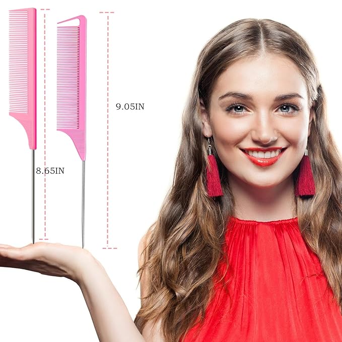 8pcs Rat Tail Combs Set,Long Steel Pin Teasing Combs for Salon Hair Stylists,2 styles and multiple colorsb of Metal Parting Combs for Women,Hair Teasing Fine Tooth Comb Aigee
