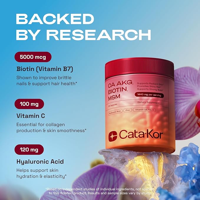 Hair Skin and Nails Supplement with Ca AKG | MSM | Hyaluronic Acid | Biotin | Vitamin C & Vitamin D3 K2 – Supports Radiant Skin, Promotes Shiny Hair & Strong Nails – 180 Capsules (2 Pack)