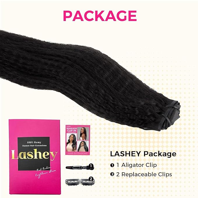 Lashey Seamless Clip in Hair Extensions Human Hair #1 Jet Black 22 Inch 110g 7pcs Kinky Straight Human Hair Clip in Hair Extensions with Soft PU Weft