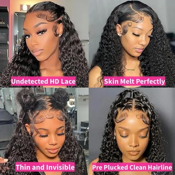 VIPbeauty 13x6 Deep Wave Lace Front Wigs Human Hair 200 Density 24 Inch Curly Wig for Women Natural Black HD Transparent Lace Glueless Frontal Wigs Human Hair Pre Plucked with Baby Hair