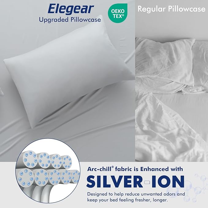 Elegear Cooling Pillow Cases for Hot Sleepers, Clean Fabric Silver Infused Cooling Pillowcase Q-Max>0.5, Soft Pillow Cases for Hair & Skin, Zipper Pillow Cases Set of 2 Gray (King, 20'' x 36'')