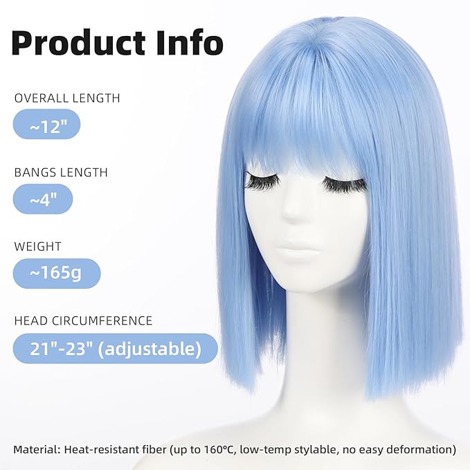 Allbell Light Blue Wigs for Women Short Bob with Bangs Heat Resistant Synthetic Hair 12 inch for Daily Party Halloween Costume Use