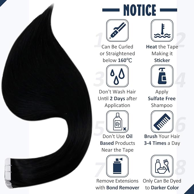 Full Shine Black Hair Extensions Skin Weft Color Jet Black 16 Inch Seamless Soft Natural Tape in Remy Invisible Human Hair Extension for Women 20Pcs 50Grams Brazilian Silky Add Volume