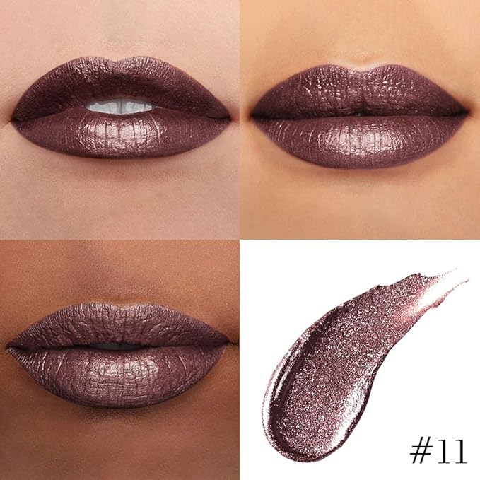 evpct Dark Brown Metallic Glitter Lip Liner and Lipstick Combo Lip Gloss Stain Set Makeup for Women Long Lasting Waterproof 24, Chocolate Metallic Shimmer Frosted Iridescent Shiny Liquid Lipstick 11