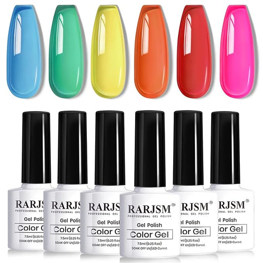 RARJSM Colorful Stained Glass Gel Nail Polish Set 6pcs Clear Crytal Blue Green Yellow Orange Red Neon Pink Series Transparent Sheer Amber Milky Gel Varnish LED UV Curing Requires French Manicure