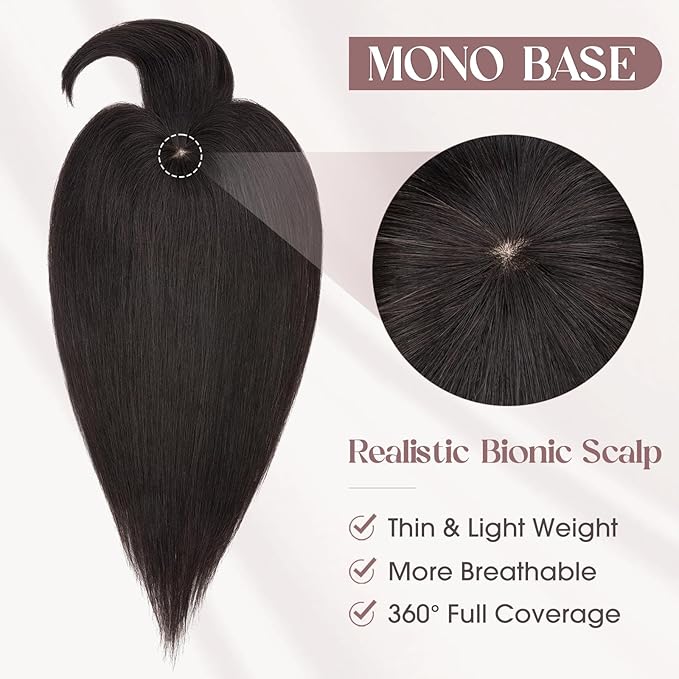 MY-LADY Human Hair Toppers for Women Real Human Hair with Bangs Thin 8.5 * 8.5CM Mono Base Clip in Remy Hairpieces Light Weight 10 Inch Natural Black
