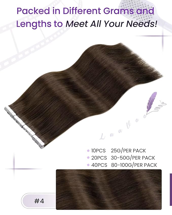 LaaVoo Tape in Extensions Medium Brown Hair Extensions Tape in Human Hair Short Tape on Hair Extensions Human Hair 10 Inch #4 Brown 20pcs/30g