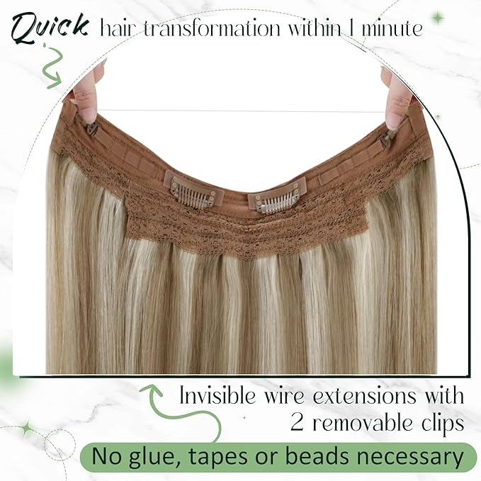 RUNATURE Wire Hair Extensions Human Hair, Invisible Hair Extensions with Transparent Wire, 20 Inch 100g Thick Human Hair Clip in One Piece Extensions, Easy to Apply, Well Blended, #8P24