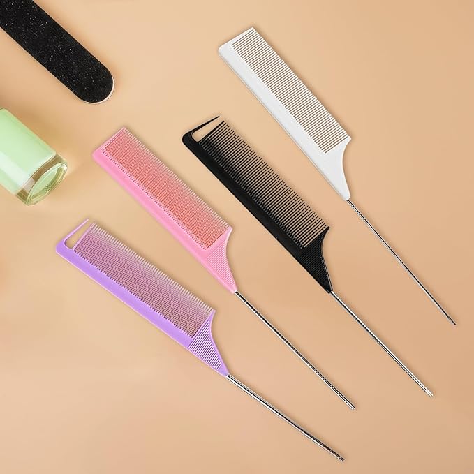 Metal Rat Tail Combs Set for Parting, Fine Tooth Teasing Comb with Metal Pin Tail for Styling and Hair Cutting, 4 Pack Parting Combs for Braiding Hair, Steel Pin Tail Teasing Combs