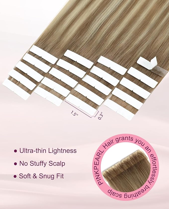 Pinkpearl Invisible Tape in Hair Extensions Human Hair, 20pcs 16inch 45g #8T60 Balayage Ash Brown to Platinum Blonde Injection Tape in Extensions Real Remy Seamless Human Hair Injected