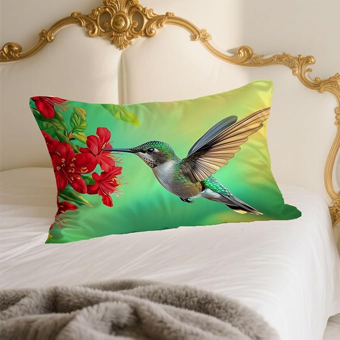 Satin Pillowcase with Zipper for Hair and Skin Humming Bird and Red Flowers 1 Pack Soft Silk Pillow Case Standard Size Wrinkle-Free Smooth and Cooling Satin Pillow Cover 20”x26”