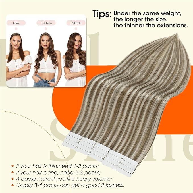 Full Shine Tape in Hair Extensions Human Hair Glue in Hair Extensions Color 8 Ash Brown Highlighted 60 Platinum Blonde Straight Hair 14 Inch Skin Weft Tape in Extensions 20 Pcs 50g