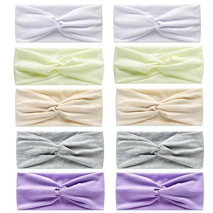 10 Pcs Wide Absorbent Sport Headbands for Women, Non-slip, Stretchy, Soft Cotton Twist Knotted Hair Bands for Daily Workout Yoga Running Sports, BD