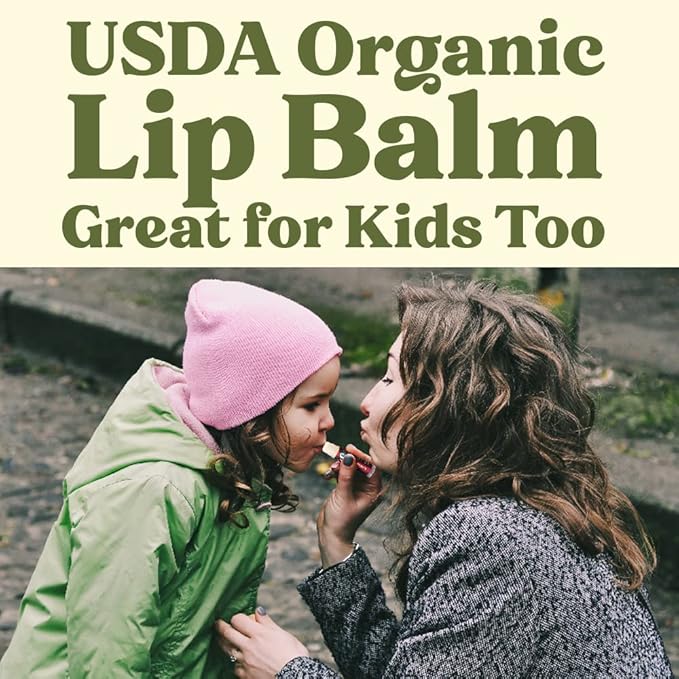 USDA Organic Lip Balm 4-Pack by Earth's Daughter - Strawberry Flavor, Beeswax, Coconut Oil, Vitamin E - Best Lip Repair Chapstick for Dry Cracked Lips.