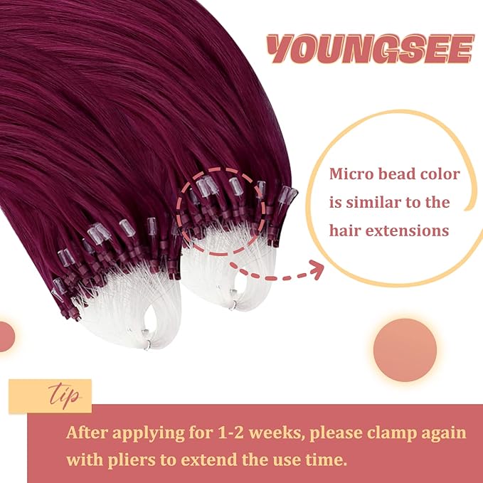 YoungSee Micro Bead Hair Extensions Human Hair Magenta Microlink Hair Extensions 24 Inch Micro Loop Hair Extension Real Human Hair Rosein 50s/50g for Party