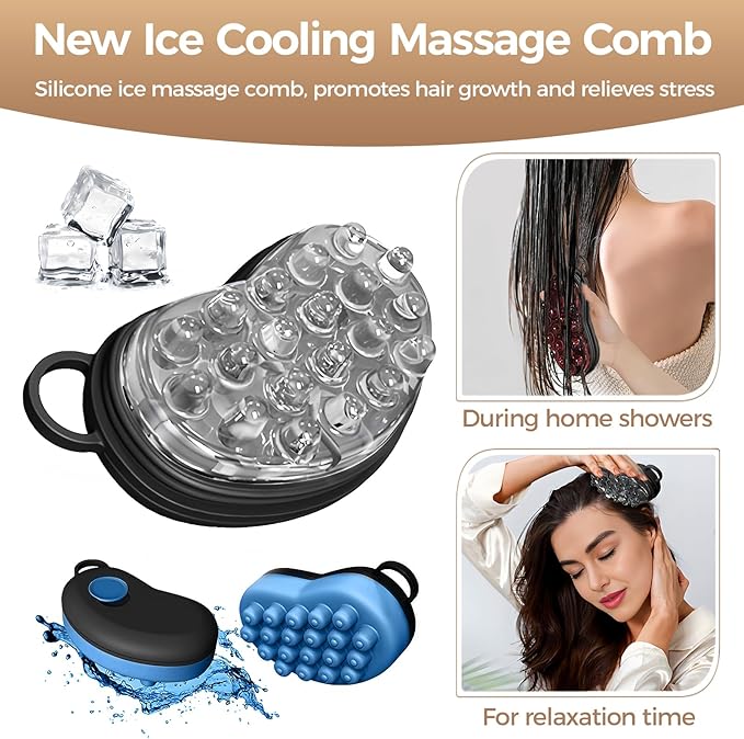 Ice Compress Scalp Massager Hair Growth Massage Comb - Upgraded Raised Dot Ice Tray Design for Tension Headache Relief and Scalp Care (Black)