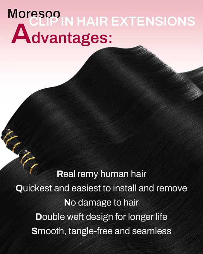 Moresoo Clip in Hair Extensions Real Human Hair Black 5pcs 80g Remy Straight Invisible Lace Double Weft Jet Black Human Hair Clip in Extensions #1 22inch