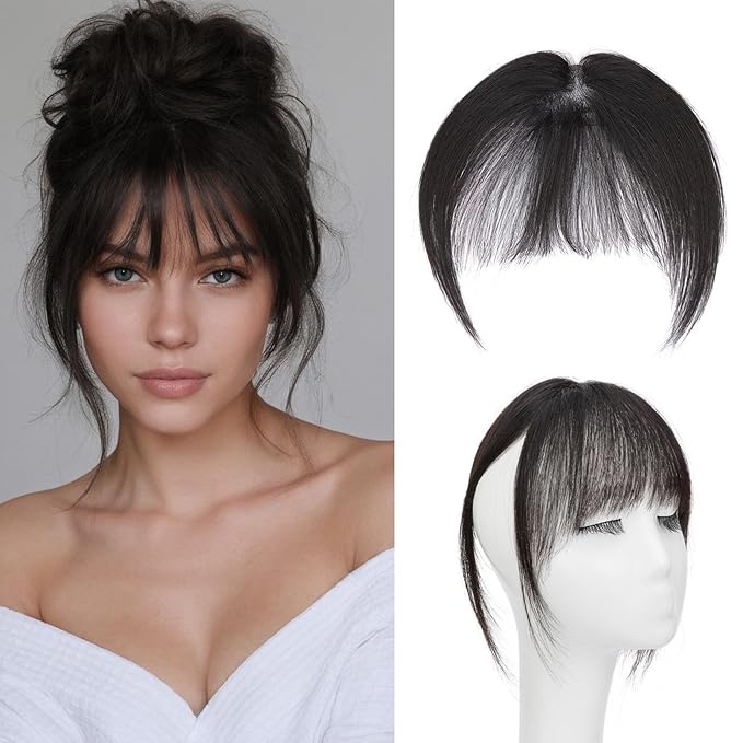 Benehair Clip on Bangs for Women Human Hair, Fake Bangs Clip Human hair, French Bangs Clip in Hair Extensions Hair Pieces with Temples for Daily Wear (Natural Black)