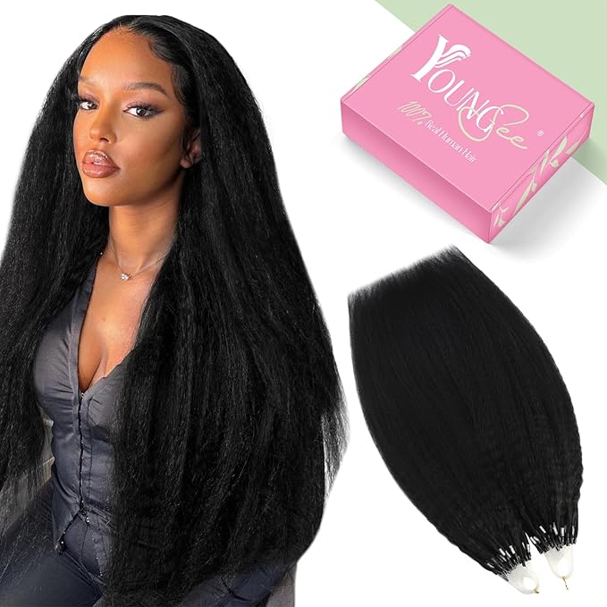 YoungSee Micro Beads Hair Extensions Human Hair Kinky Straight 22 Inch Black Microbead Hair Extensions Human Hair Black 50g Beaded Hair Extension Yaki 50s Invisible Microloop Remy Hair
