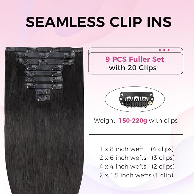 Lashey Seamless Clip in Hair Extensions Human Hair Extensions, 160g 9pcs Straight Natural Black Fuller Real Human Hair Clip in Extensions 16 Inch