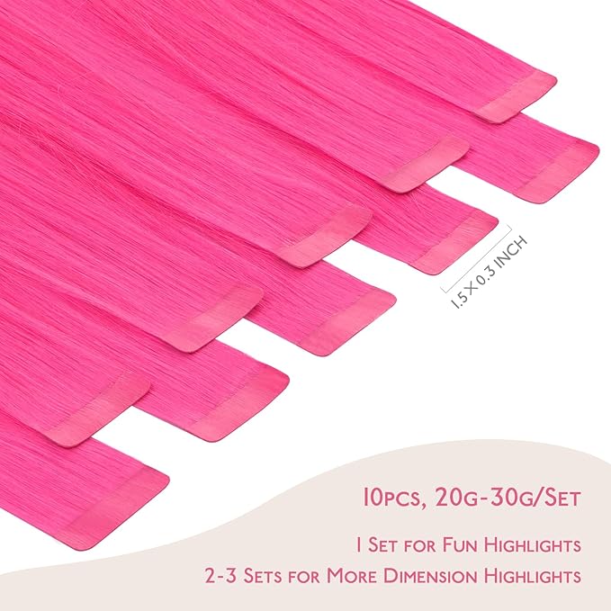 WENNALIFE Tape in Hair Extensions Human Hair Hot Pink Tape in Extensions, 10pcs 20g 12 inch Remy Invisible Tape Ins Straight Colored Soft Real Human Hair Tape in Extensions Refill Set Extensions