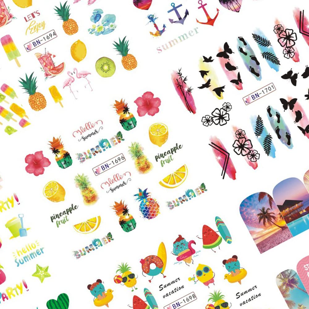 Summer Nail Art Stickers Decals, 12 Sheets of Fruit Hawaii Design Water Transfer Nail Slider Tattoos Holographic Colorful Pineapple Watermelon Pattern Acrylic Nail Art for Summer DIY Nail Decoration