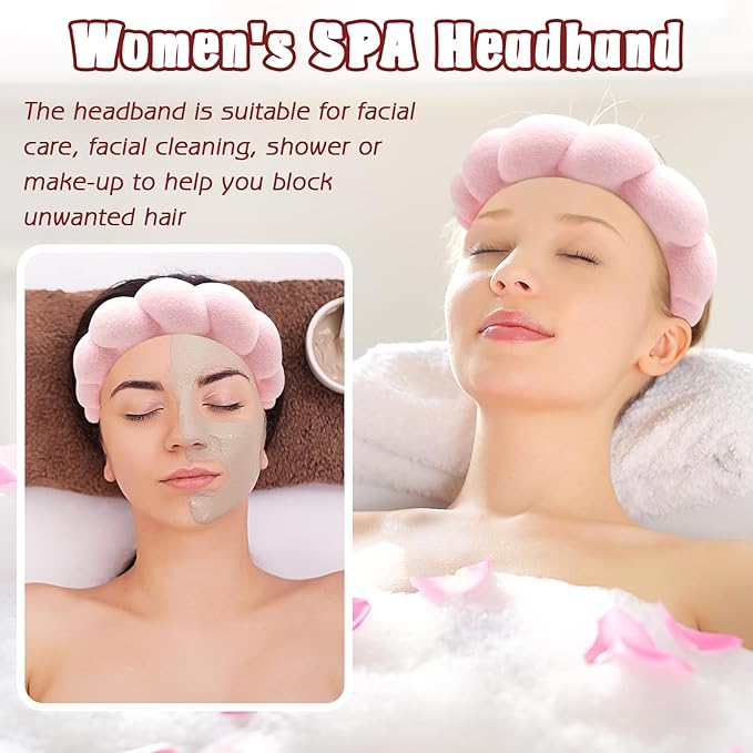 Zkptops Spa Headband for Washing Face Wristband Sponge Makeup Skincare Headband Terry Cloth Bubble Soft Get Ready Hairband for Women Girl Puffy Padded Headwear Non Slip Thick Hair Accessory(Pink)