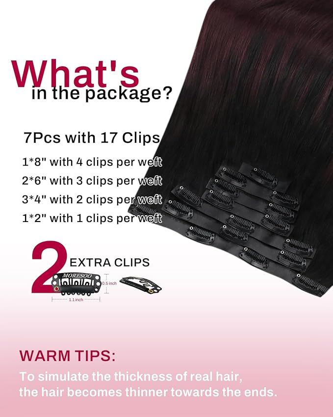 Moresoo Seamless Clip in Hair Extensions Burgundy Balayage Seamless Hair Extensions Clip ins Human Hair Black to Wine Red Ombre Human Hair Clip in Extensions Black to Burgundy 120g 7pcs 20inch