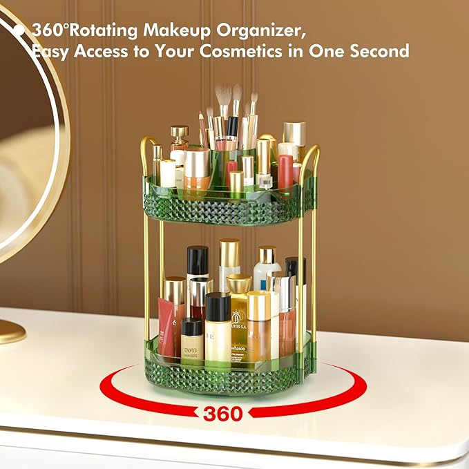 Awenia Rotating Makeup Organizer 360, Stackable Adjustable Large Capacity Cosmetic Storage Unit,Dresser Bathroom Kitchen Countertop Organizer with Metal Handle, Plus Size (Gem Green, 2 Tier)