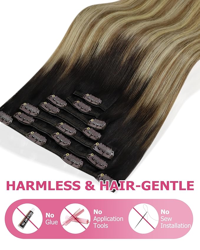 YoungSee 150g Clip in Human Hair Extensions Balayage Clip on Hair Extensions for Women Ombre Human Hair Extension Clip ins Dark Brown Roots to Medium Brown with Blonde Rmey Hair 20in 7pcs