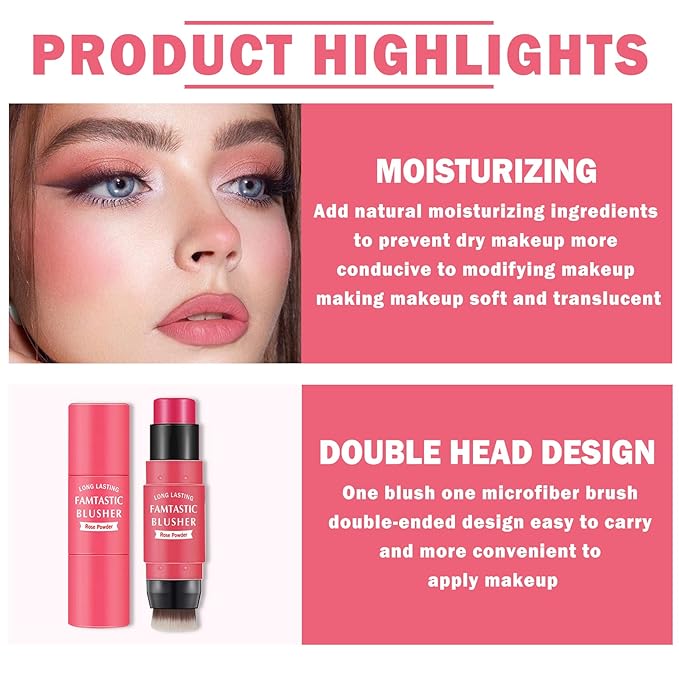 Cream Blush Stick with Brush, Waterproof, Long Lasting, Natural Finish, Rose Red - Compact Stick for All Skin Tones