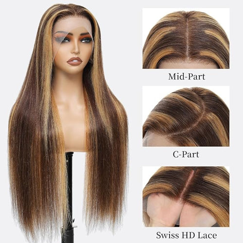 34 Inch Honey Blonde Ombre Lace Front Wig Human Hair 200 Density 13x6 HD Lace Frontal Wigs Pre Plucked Highlight Brown 4/27 Colored Straight Wigs Human Hair Pre Plucked Tangle-Free