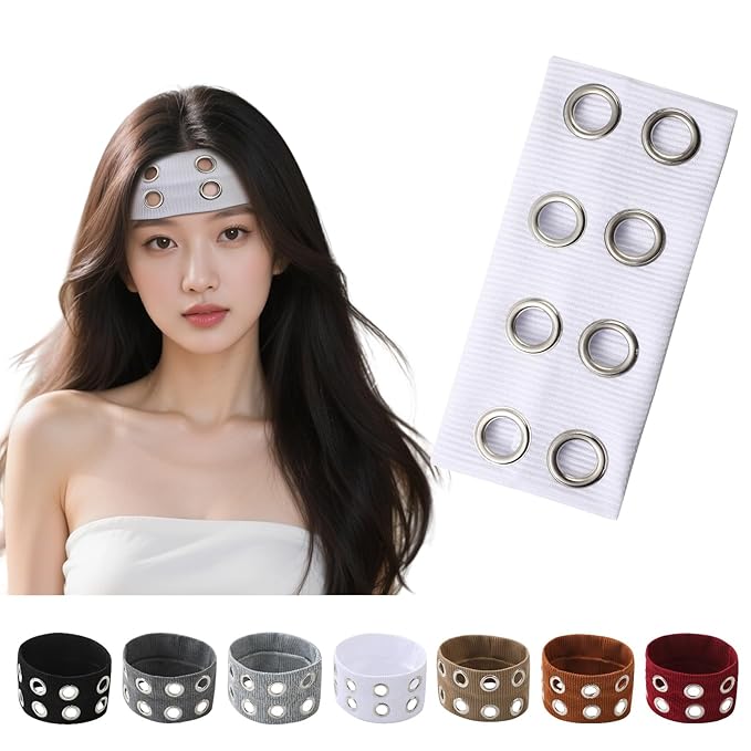 papasgix Grommet Headband for Women, Y2K Elastic Headband Wide Black Hair Band with Holes Metal Rock Style 2000s Hair Accessories (1, White)