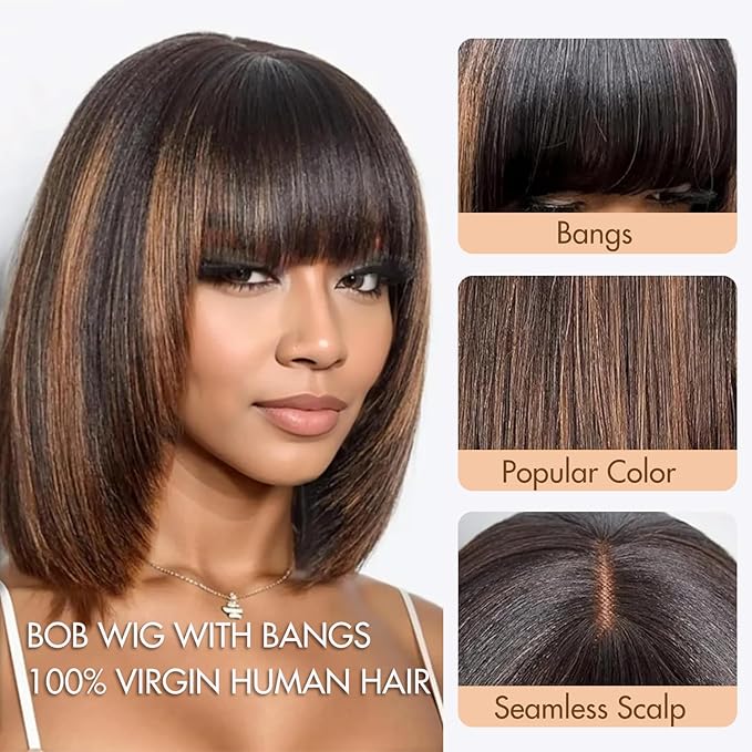Bob Wig with Bangs Human Hair Glueless HD Lace Straight Short Bob Wig with Brown Highlights, Ready to Go Short Wigs For Women （12 Inch bob wig）