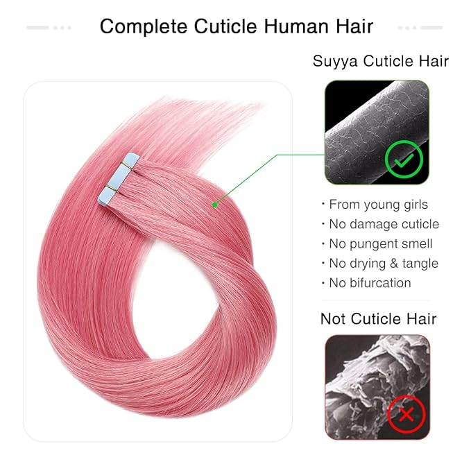 SUYYA Tape in Hair Extensions - Human Hair, Hot Pink, 18 Inch, 10PCS/Pack, Straight, 25g