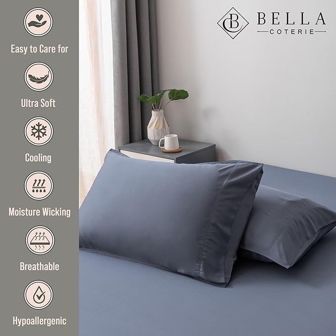 Bella Coterie | Luxury Bamboo Standard Size Pillowcase Set | 100% Organically Grown Bamboo Viscose | Ultra Soft | Cooling | 2 Pcs [Slate Blue]