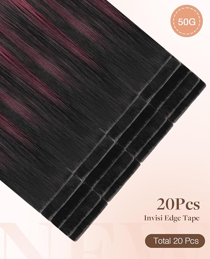 GOO GOO Invisi Edge Tape in Hair Extensions Human Hair, 1/99 Balayage Jet Black to Red, 20pcs 24inch 50g, Virgin Remy Hair, Seamless Injected Tape, Natural Look