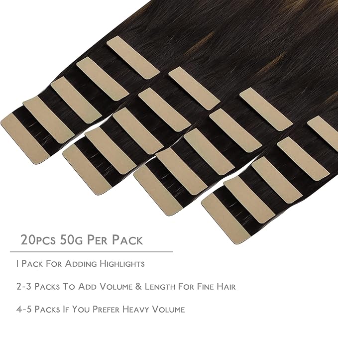 WENNALIFE Tape in Hair Extensions Human Hair, 20pcs 24 inch 50g Balayage Dark Brown Mixed Chestnut Brown Remy Tape Hair Extensions Real