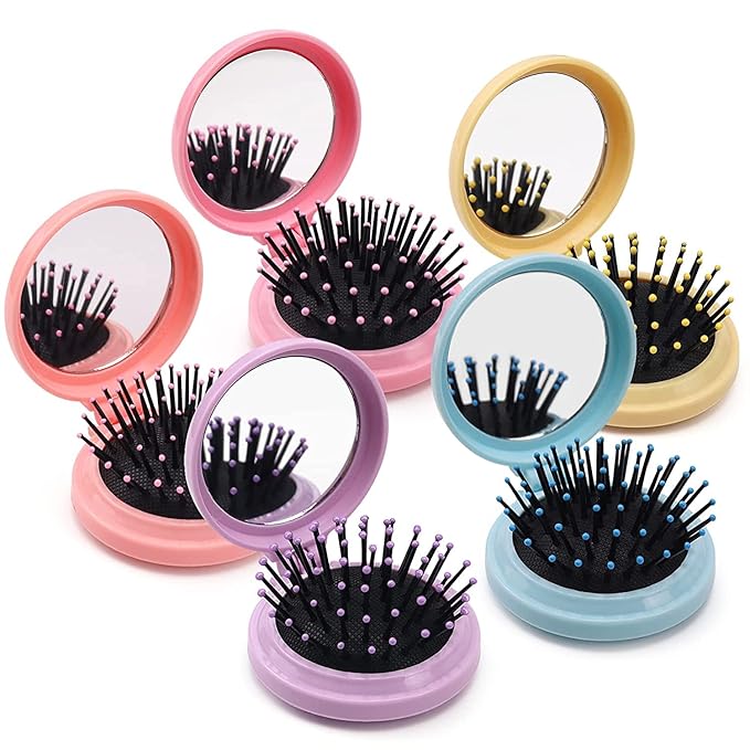 10 Pack Folding Travel Mirror Hair Brushes Round Folding Pocket Hair Brush Mini Hair Comb Compact Travel Size Hair Massage Combor Women and Girls (5Colors)