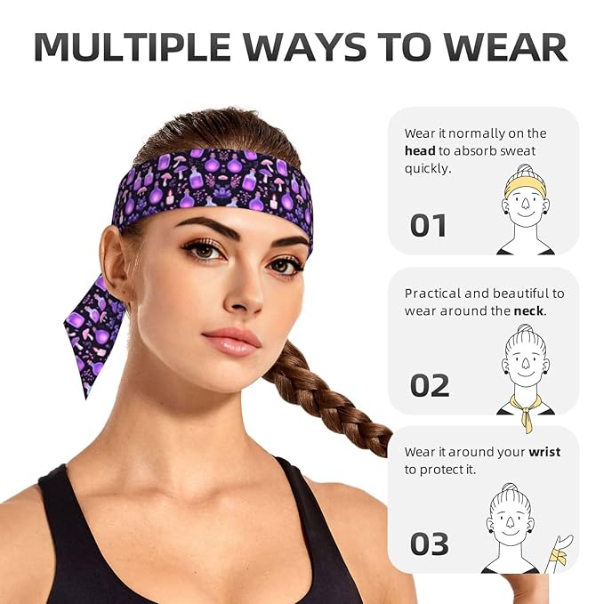 Boys Girls Cool Sports Sweat Band Head Decor for Running Athletic Spa, Long Multipurpose Gothic Magic Witch Witchy Trippy Purple Mushrooms Head Ribbon Headdress