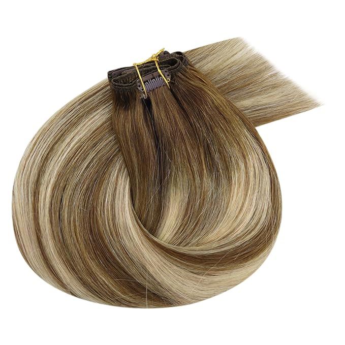 Ve Sunny Clip in Human Hair Extensions Balayage Clip on Hair Extensions Chestnut Brown with Blonde Ombre Clip in Extensions Human Hair Double Weft Remy Human Hair 18inch 7pcs 120g