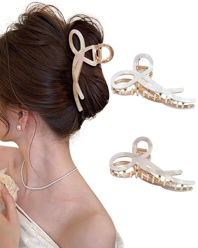ACECHA 2 Pack Gold Metal Bow Hair Claw Clips for Women, 4.5" Colorful Non-slip Hairclips for Thick Thin Hair Claws Strong Hold Styling (B-White)