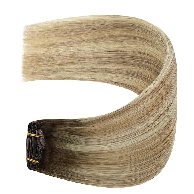 YoungSee Clip in Human Hair Extensions Balayage Walnut Brown Ombre Light Brown with Blonde Clip in Hair Extensions Balayage Human Hair Clip in Extensions Dyable Remy Hair 14Inch 7Pcs 120G